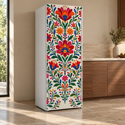 Mexican Embroidery Florals fridge wrap, refrigerator shown at an angle
