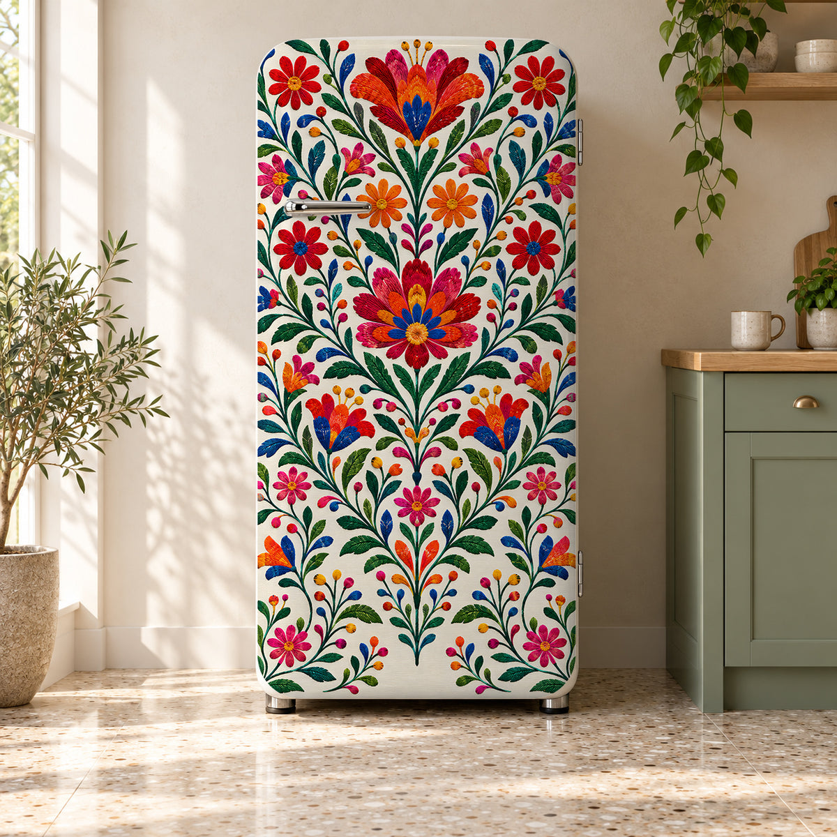 Mexican Embroidery Florals fridge wrap on a retro refrigerator