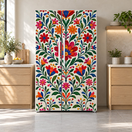 Mexican Embroidery Florals fridge wrap on a side-by-side refrigerator