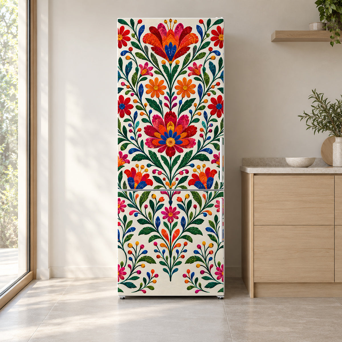 Mexican Embroidery Florals fridge wrap on a white refrigerator in a bright kitchen