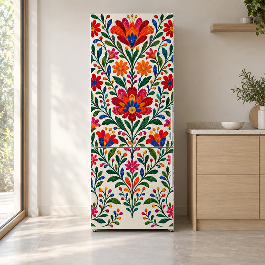 Mexican Embroidery Florals fridge wrap on a white refrigerator in a bright kitchen