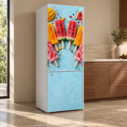 Mexican Paletas fridge wrap, refrigerator shown at an angle