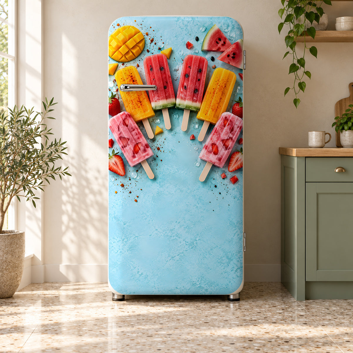 Mexican Paletas fridge wrap on a retro refrigerator