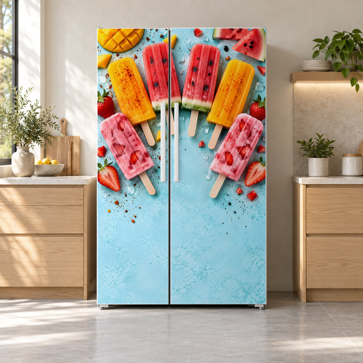 Mexican Paletas fridge wrap on a side-by-side refrigerator