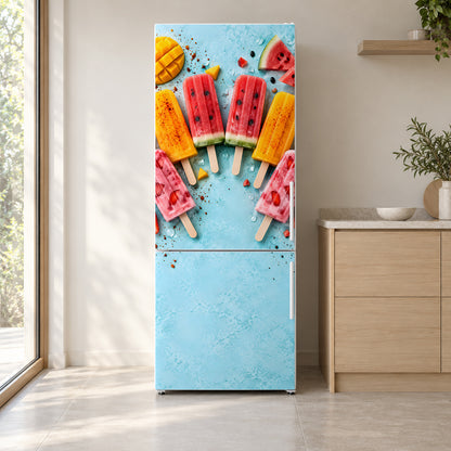 Mexican Paletas fridge wrap on a white refrigerator in a bright kitchen