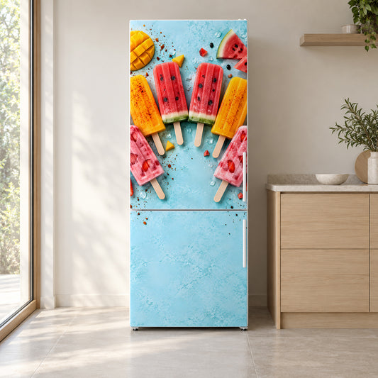Mexican Paletas fridge wrap on a white refrigerator in a bright kitchen