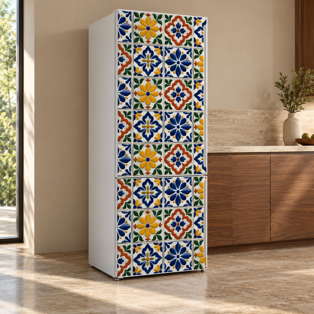Mexican Talavera Tiles fridge wrap, refrigerator shown at an angle