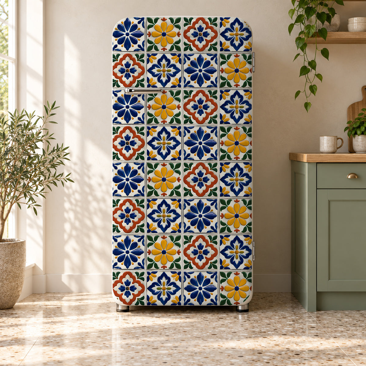 Mexican Talavera Tiles fridge wrap on a retro refrigerator