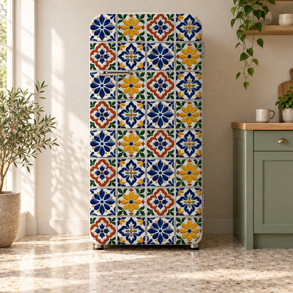 Mexican Talavera Tiles fridge wrap on a retro refrigerator