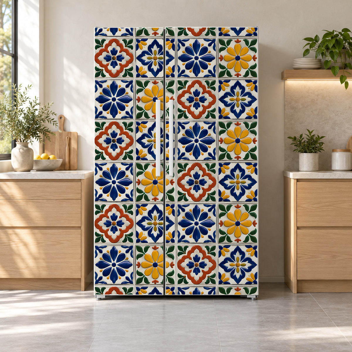Mexican Talavera Tiles fridge wrap on a side-by-side refrigerator