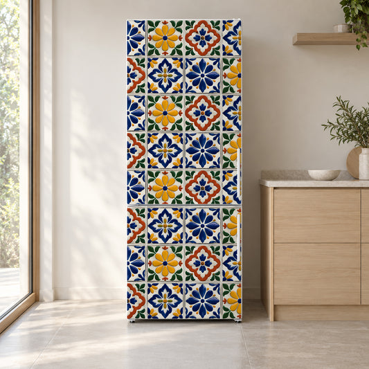Mexican Talavera Tiles fridge wrap on a white refrigerator in a bright kitchen