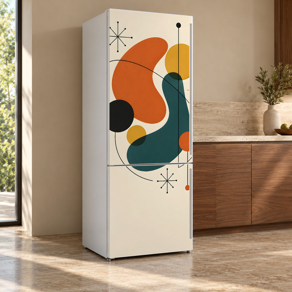 Mid-Century Shapes fridge wrap, refrigerator shown at an angle