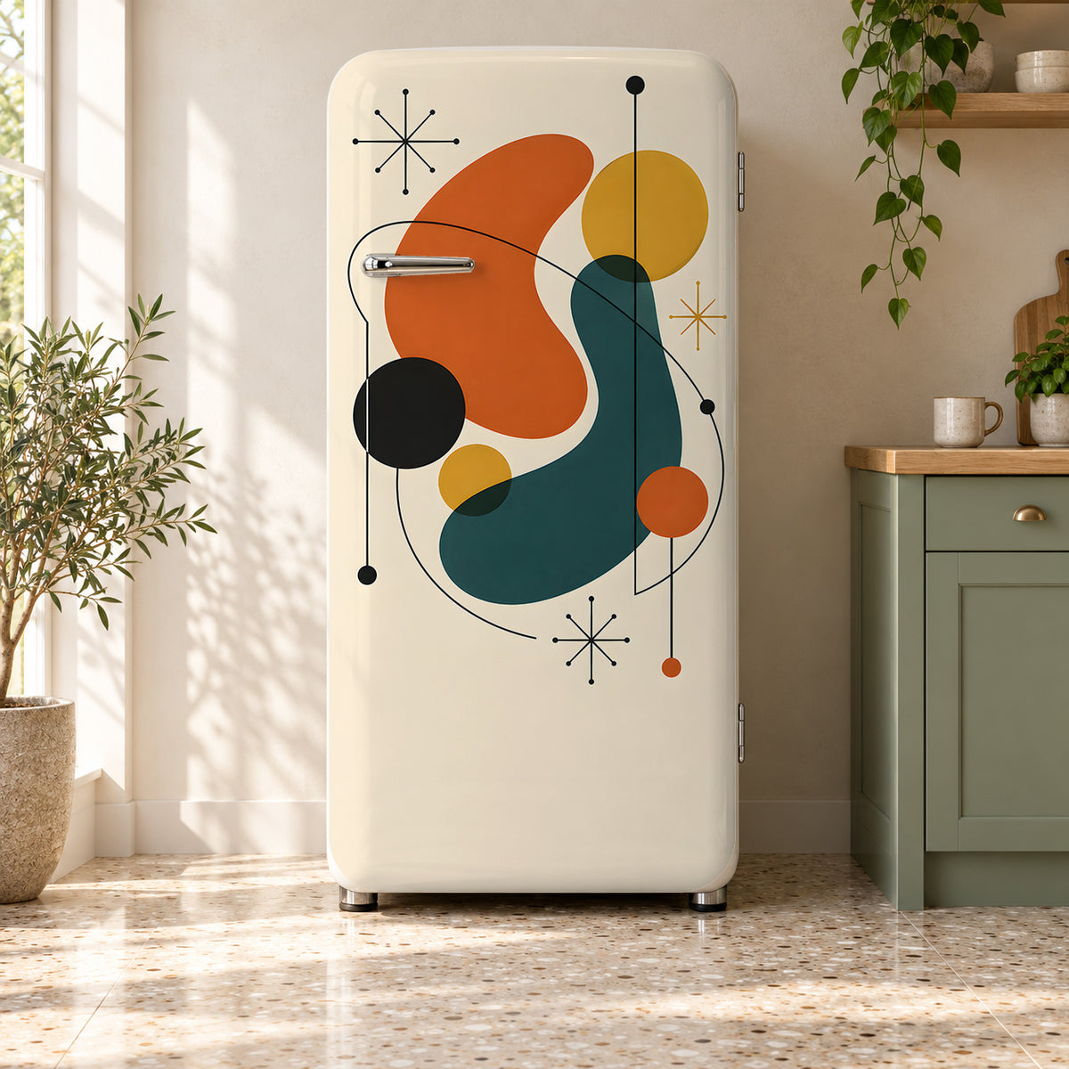Mid-Century Shapes fridge wrap on a retro refrigerator