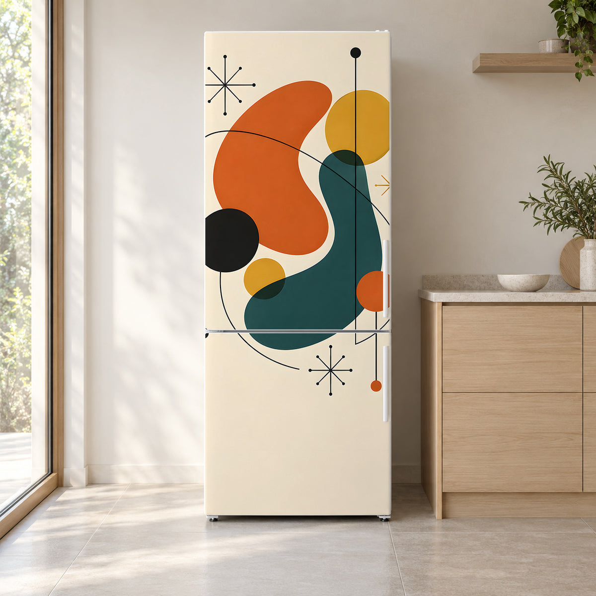 Mid-Century Shapes fridge wrap on a white refrigerator in a bright kitchen
