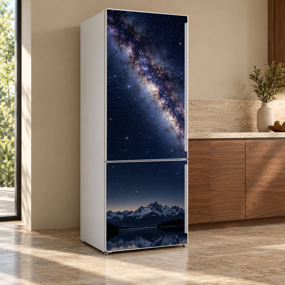 Milky Way over Mountains fridge wrap, refrigerator shown at an angle