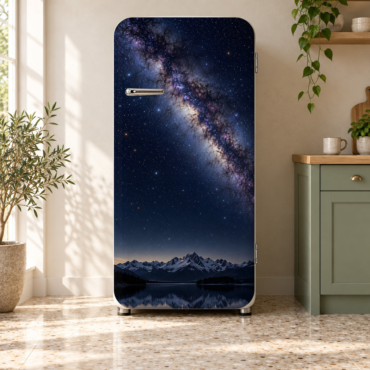 Milky Way over Mountains fridge wrap on a retro refrigerator