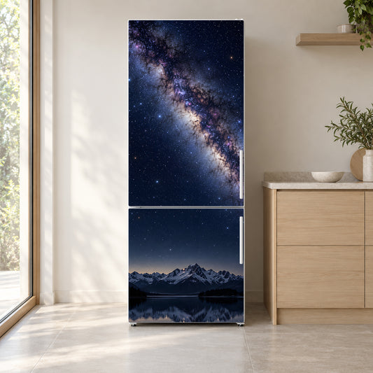 Milky Way over Mountains fridge wrap on a white refrigerator in a bright kitchen