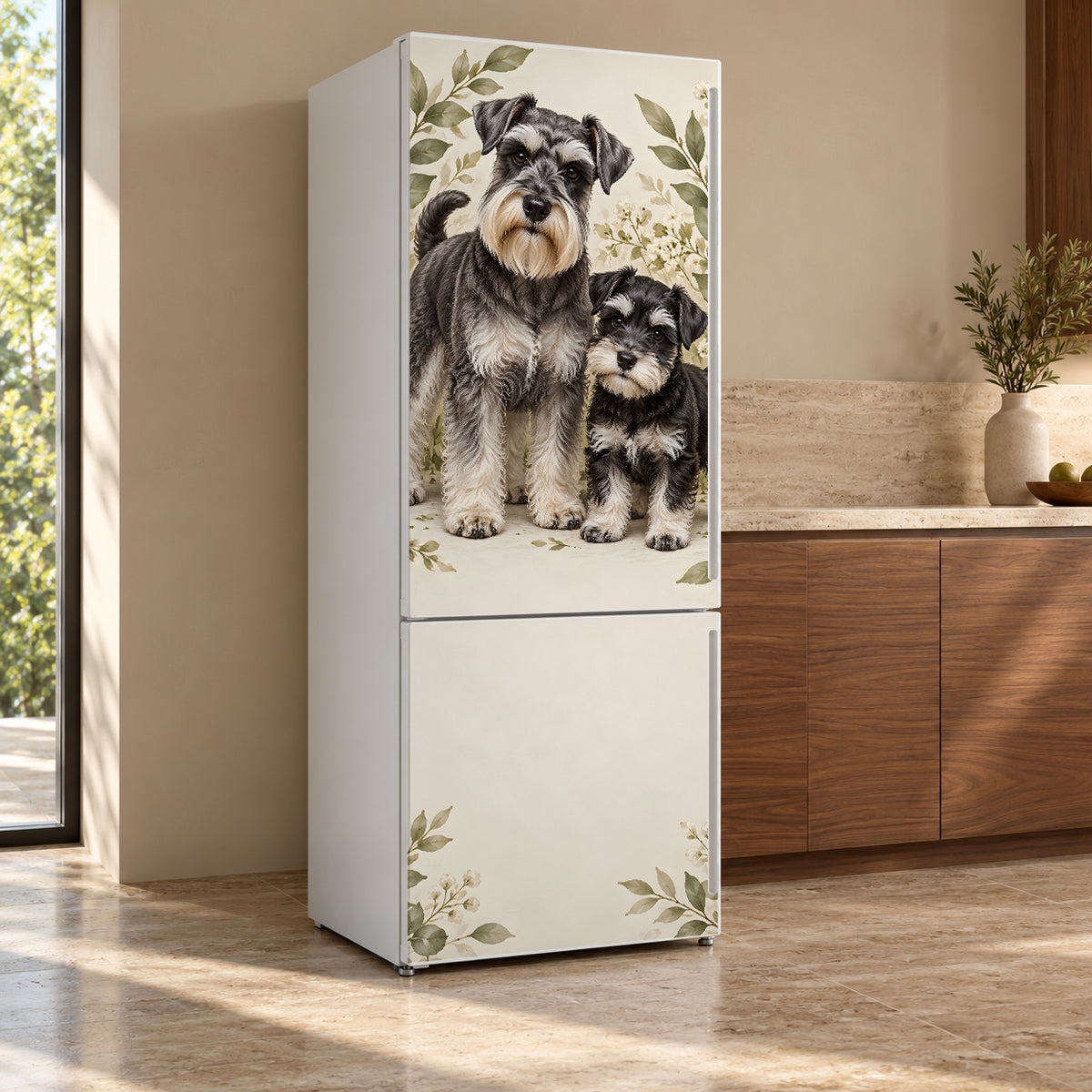 Miniature Schnauzers fridge wrap, refrigerator shown at an angle