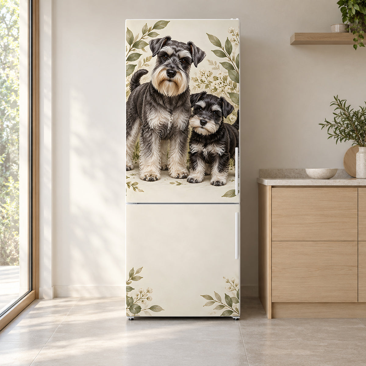 Miniature Schnauzers fridge wrap on a white refrigerator in a bright kitchen