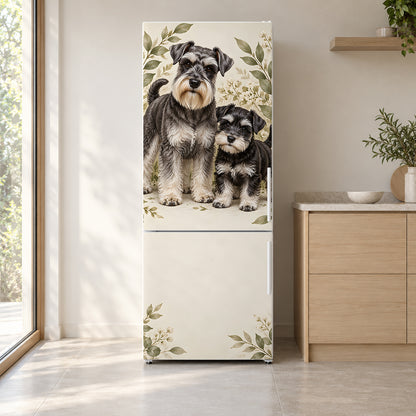 Miniature Schnauzers fridge wrap on a white refrigerator in a bright kitchen