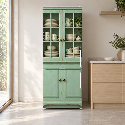 Mint Kitchen Hutch fridge wrap on a white refrigerator in a bright kitchen