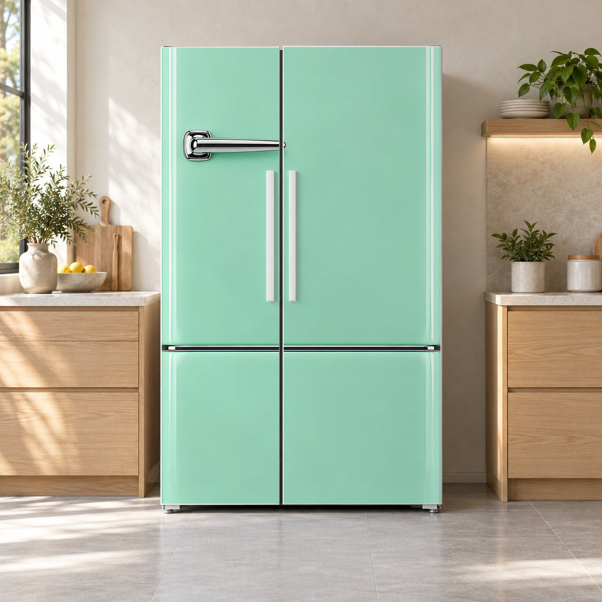 Mint Retro Fridge Look fridge wrap on a side-by-side refrigerator