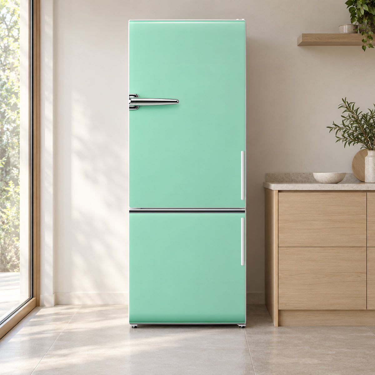 Mint Retro Fridge Look fridge wrap on a white refrigerator in a bright kitchen