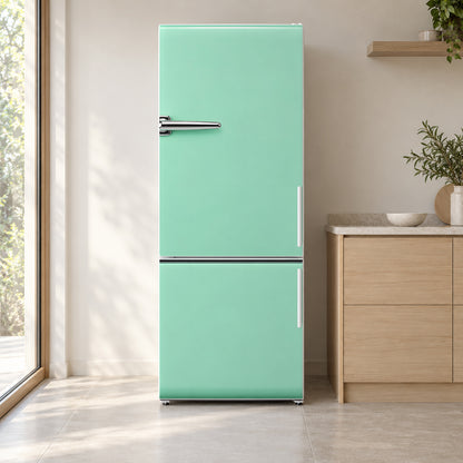Mint Retro Fridge Look fridge wrap on a white refrigerator in a bright kitchen