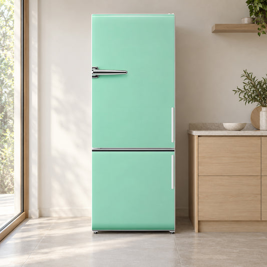 Mint Retro Fridge Look fridge wrap on a white refrigerator in a bright kitchen