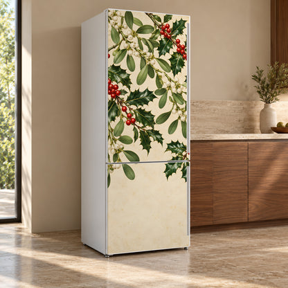 Mistletoe & Holly Botanical fridge wrap, refrigerator shown at an angle