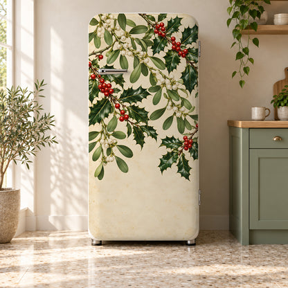Mistletoe & Holly Botanical fridge wrap on a retro refrigerator