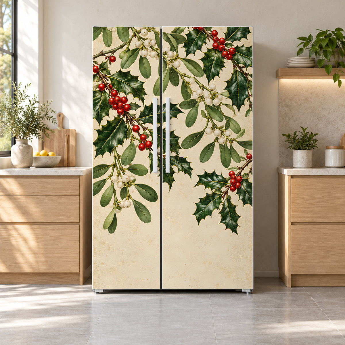 Mistletoe & Holly Botanical fridge wrap on a side-by-side refrigerator