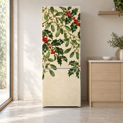Mistletoe & Holly Botanical fridge wrap on a white refrigerator in a bright kitchen