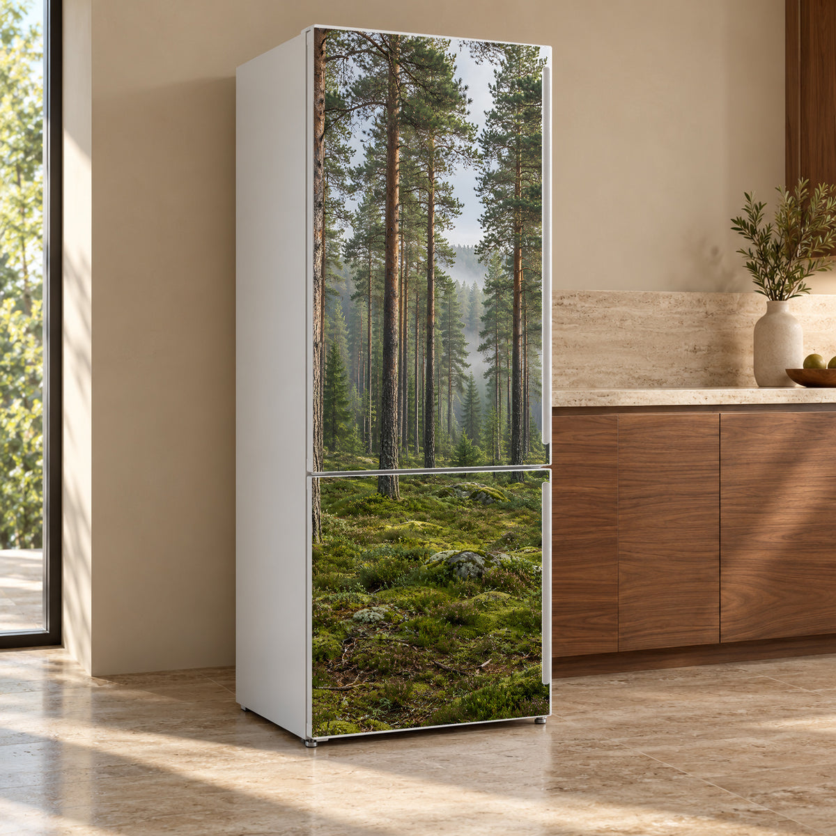 Misty Pine Forest fridge wrap, refrigerator shown at an angle