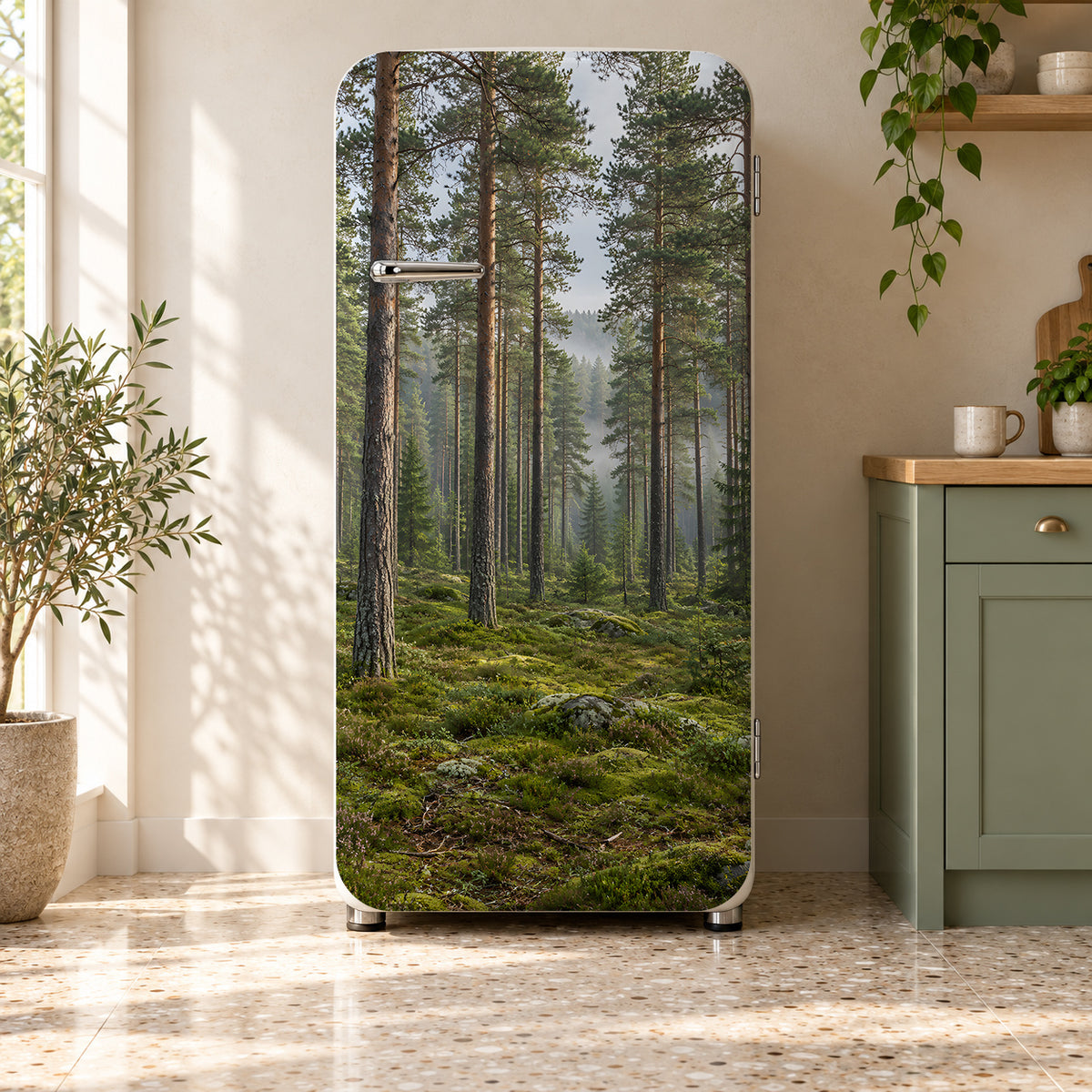 Misty Pine Forest fridge wrap on a retro refrigerator