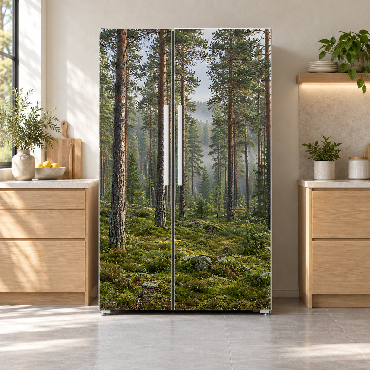 Misty Pine Forest fridge wrap on a side-by-side refrigerator