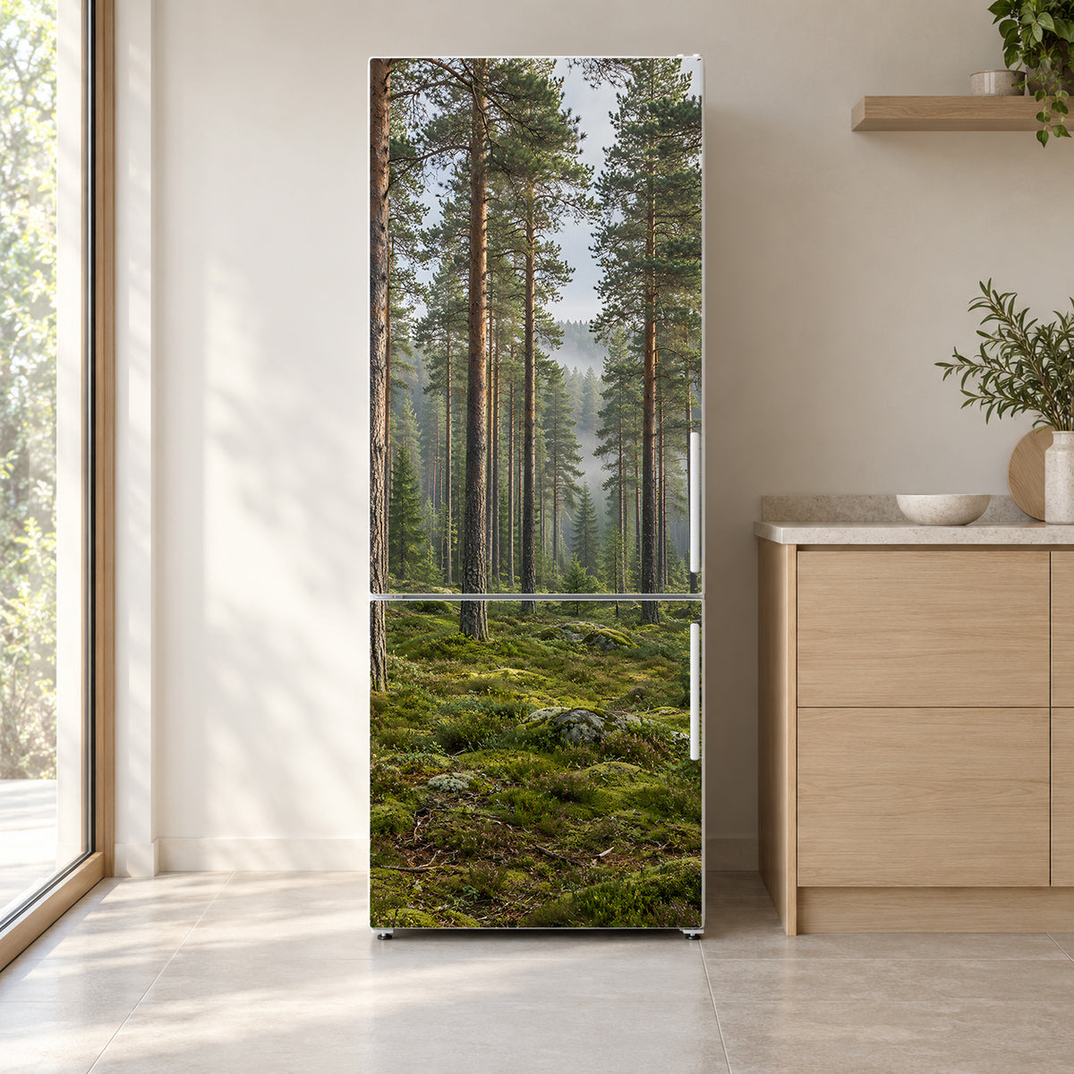 Misty Pine Forest fridge wrap on a white refrigerator in a bright kitchen