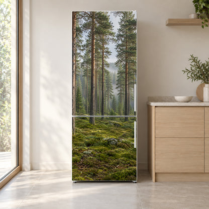 Misty Pine Forest fridge wrap on a white refrigerator in a bright kitchen