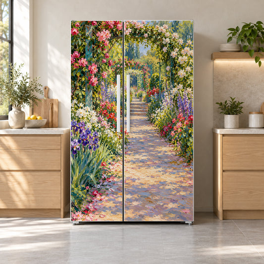 Monet-Inspired Garden Path fridge wrap on a side-by-side refrigerator