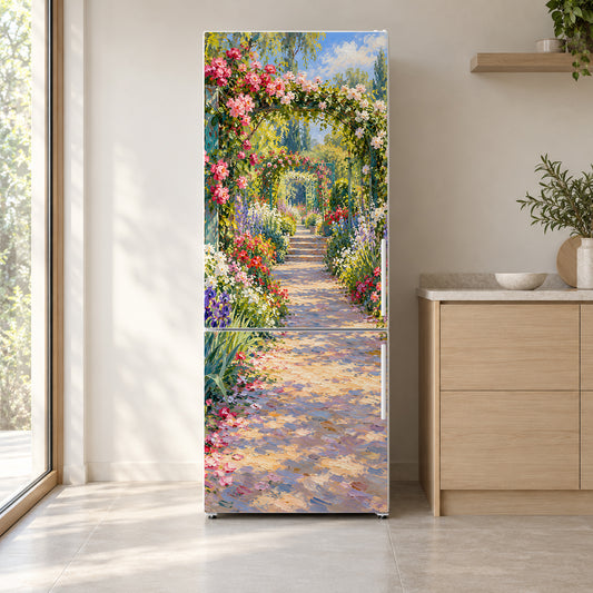 Monet-Inspired Garden Path fridge wrap on a white refrigerator in a bright kitchen