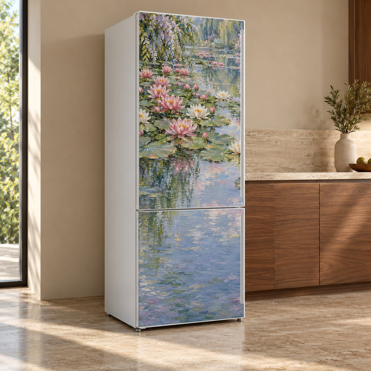 Monet Inspired Water Lilies fridge wrap, refrigerator shown at an angle