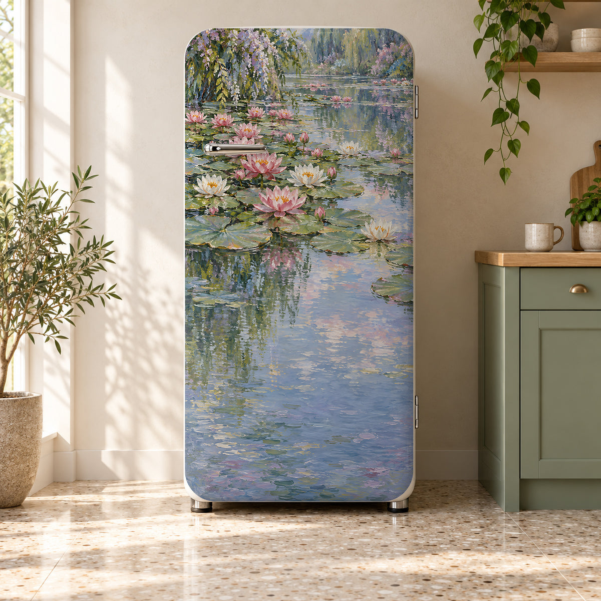 Monet Inspired Water Lilies fridge wrap on a retro refrigerator