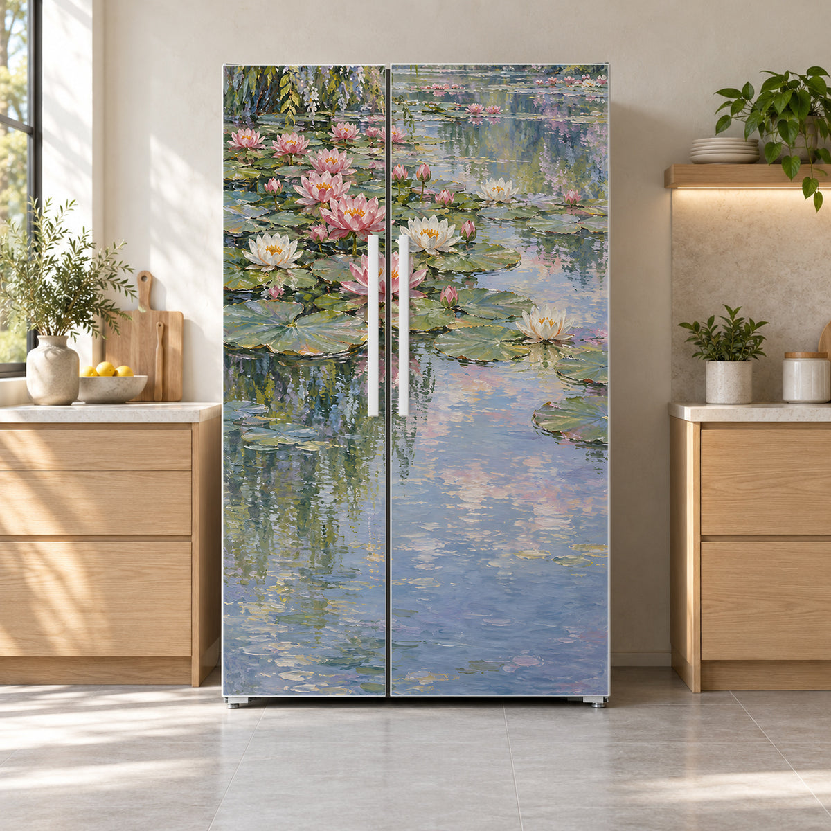 Monet Inspired Water Lilies fridge wrap on a side-by-side refrigerator