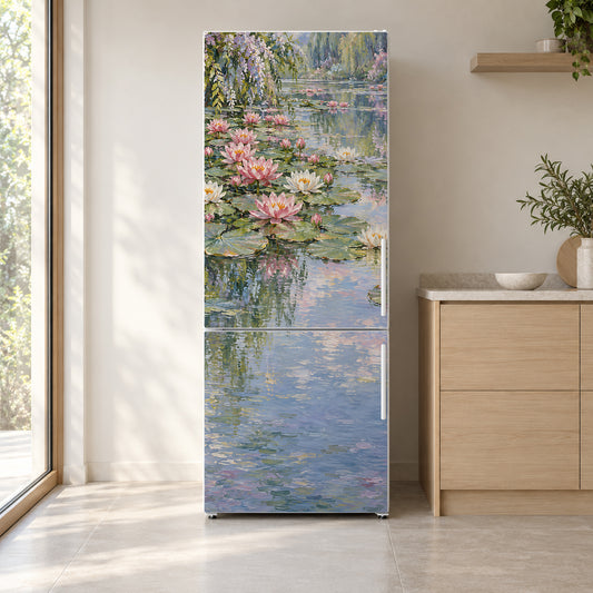 Monet Inspired Water Lilies fridge wrap on a white refrigerator in a bright kitchen