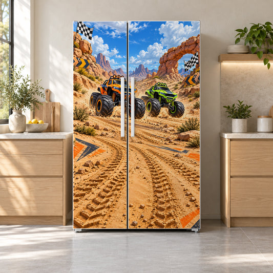 Monster Trucks fridge wrap on a side-by-side refrigerator