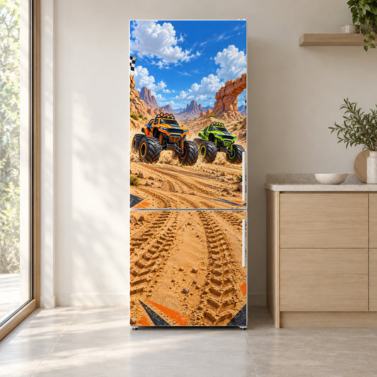 Monster Trucks fridge wrap on a white refrigerator in a bright kitchen