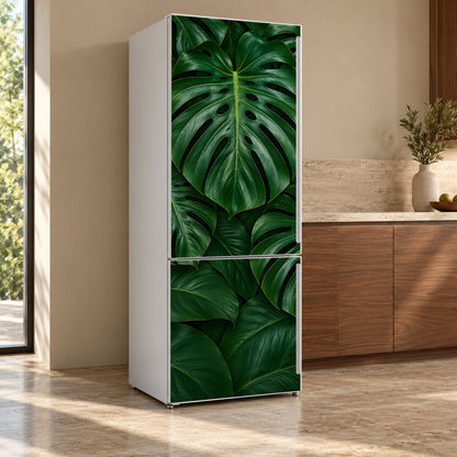 Monstera Leaves fridge wrap, refrigerator shown at an angle