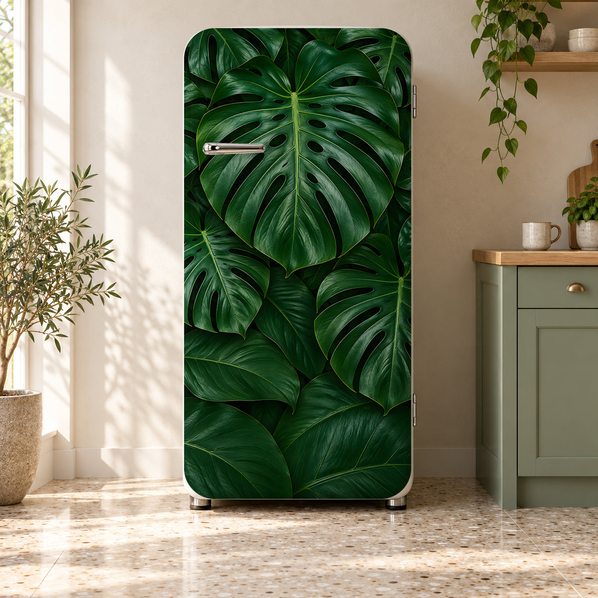 Monstera Leaves fridge wrap on a retro refrigerator