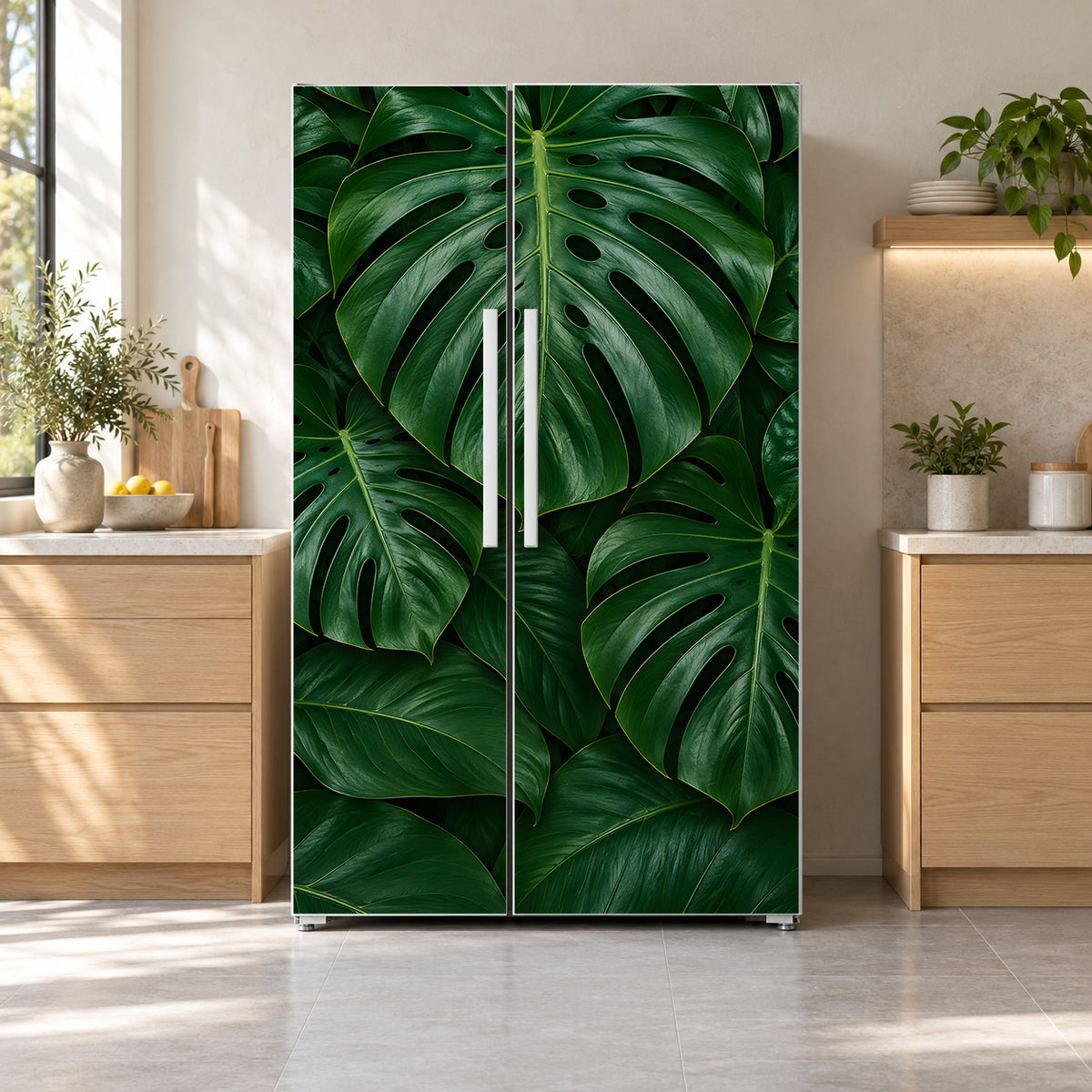 Monstera Leaves fridge wrap on a side-by-side refrigerator