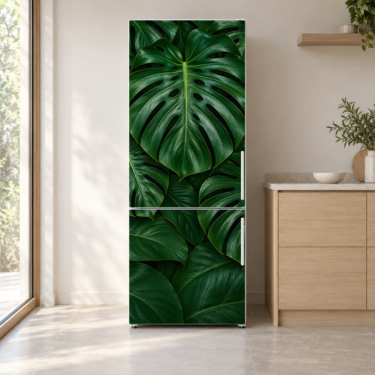 Monstera Leaves fridge wrap on a white refrigerator in a bright kitchen